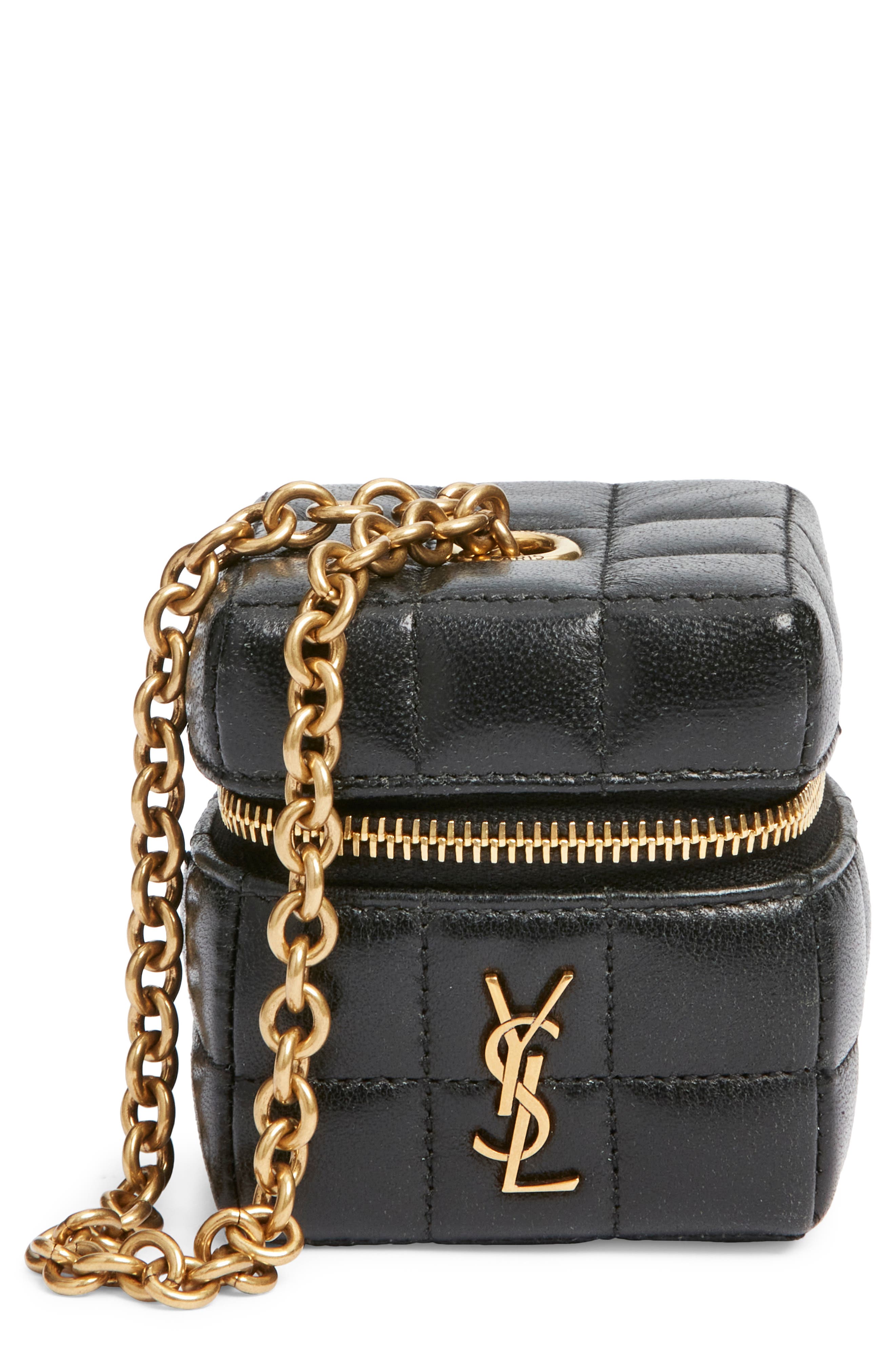 Saint Laurent Mini Cassandre Matelassé Carré Leather Wristlet, Main, color, Noir