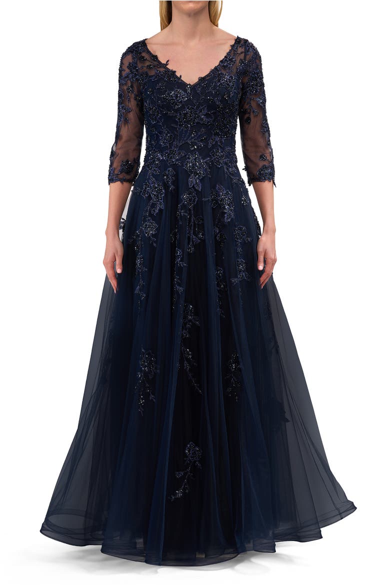 A-line Tulle Mother of the Bride Dress with Gorgeous Beaded Lace, Main, color, Navy