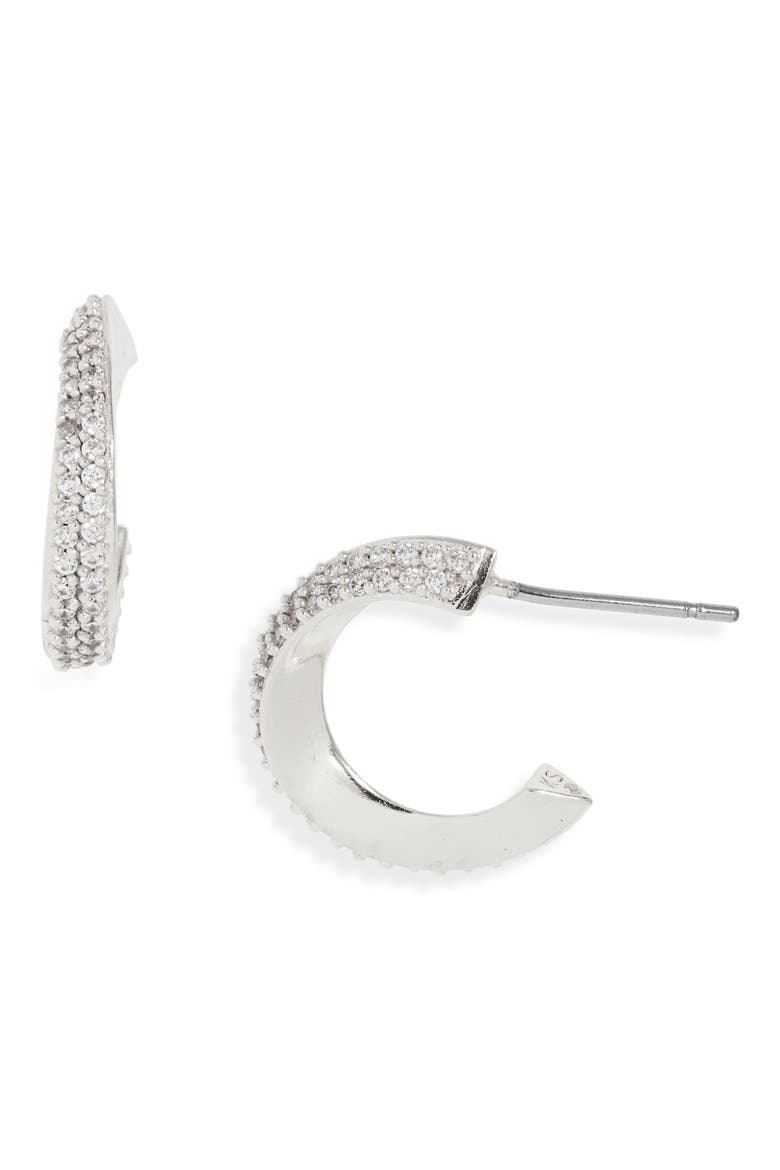 Ella Pavé Twist Huggie Earrings, Main, color, SILVER WHITE