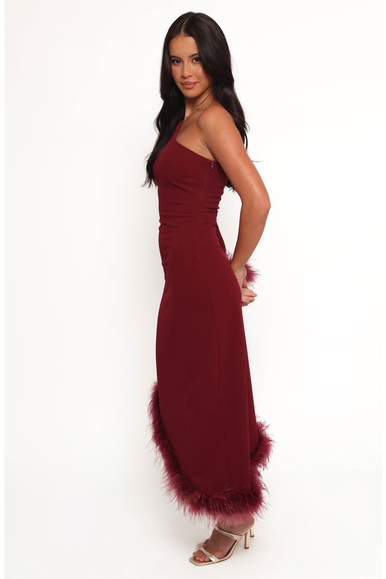 Dame Feather Trim Single Long Sleeve Midi Cocktail Dress, Alternate, color, DEEP WINE