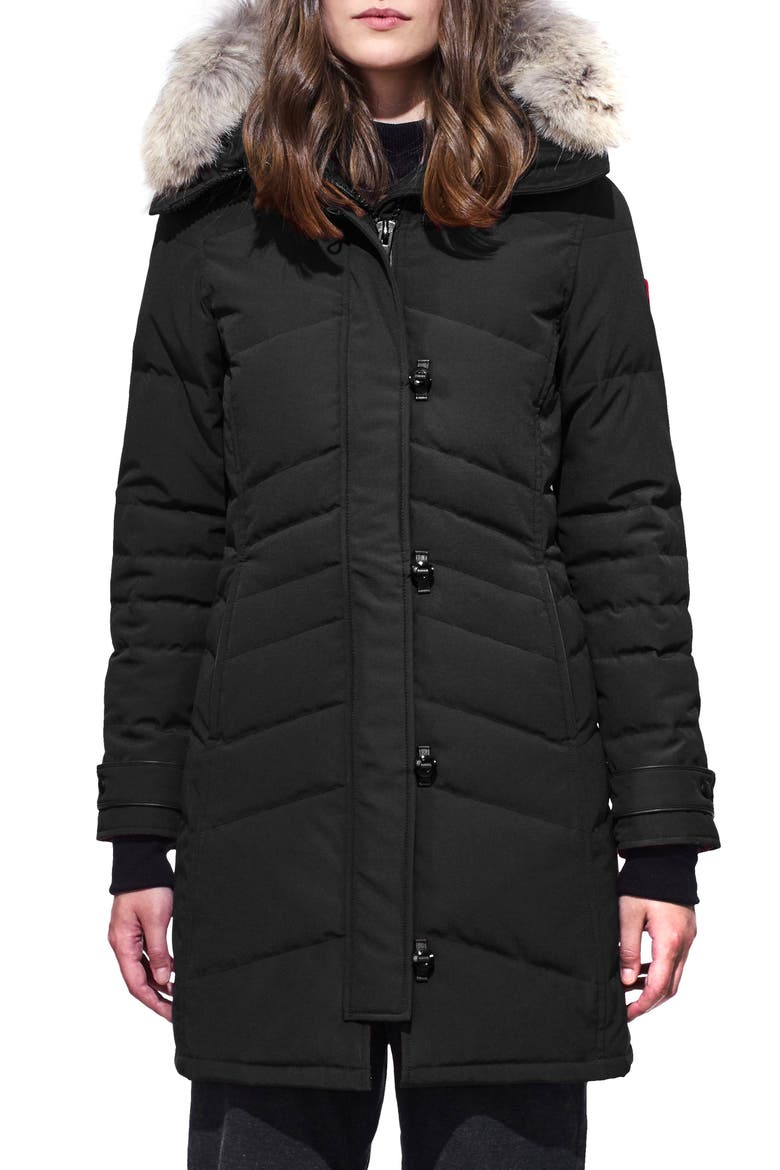 Lorette Fusion Fit Hooded Down Parka with Genuine Coyote Fur Trim, Main, color, BLACK