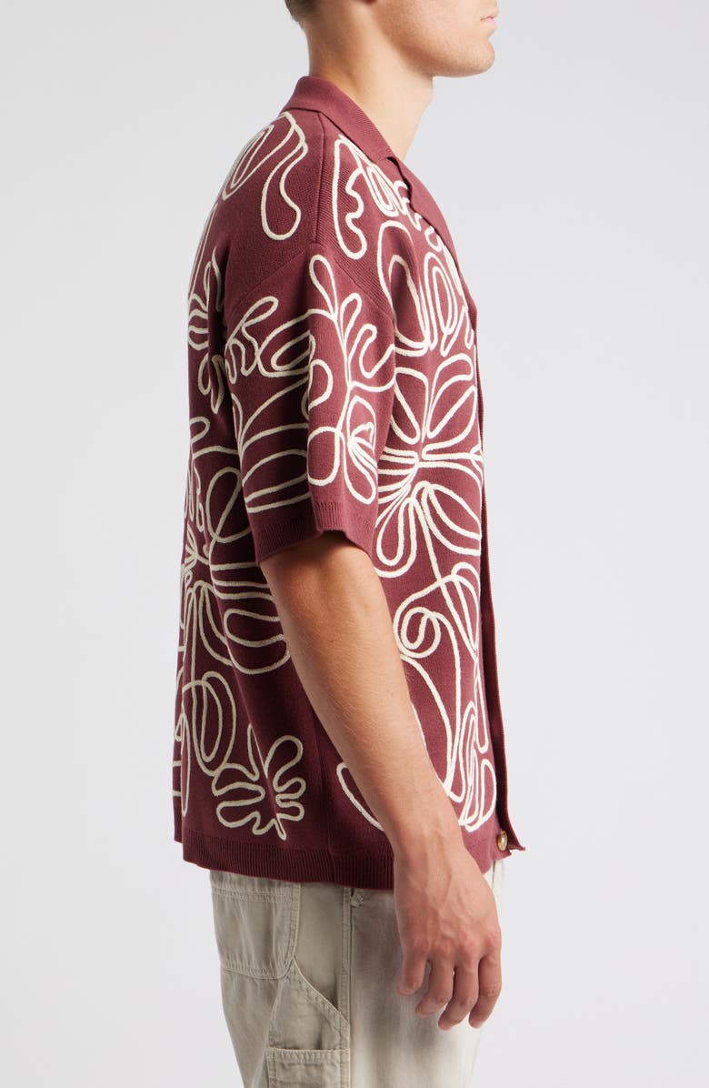 Topman Floral Embroidered Knit Camp Shirt, Alternate, color, Burgundy