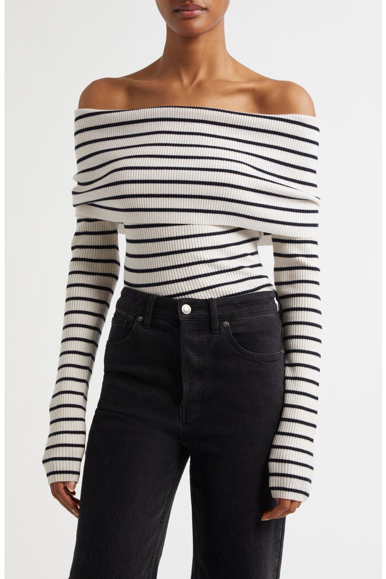Evelyn Off the Shoulder Merino Wool Blend Sweater, Main, color, WHITE/ MIDNIGHT
