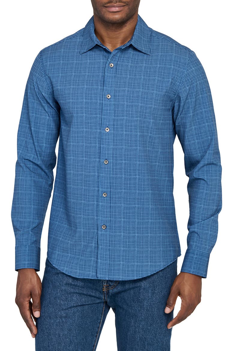 Slim Fit Square Geo Print Performance Button-Up Shirt, Main, color, NAVY