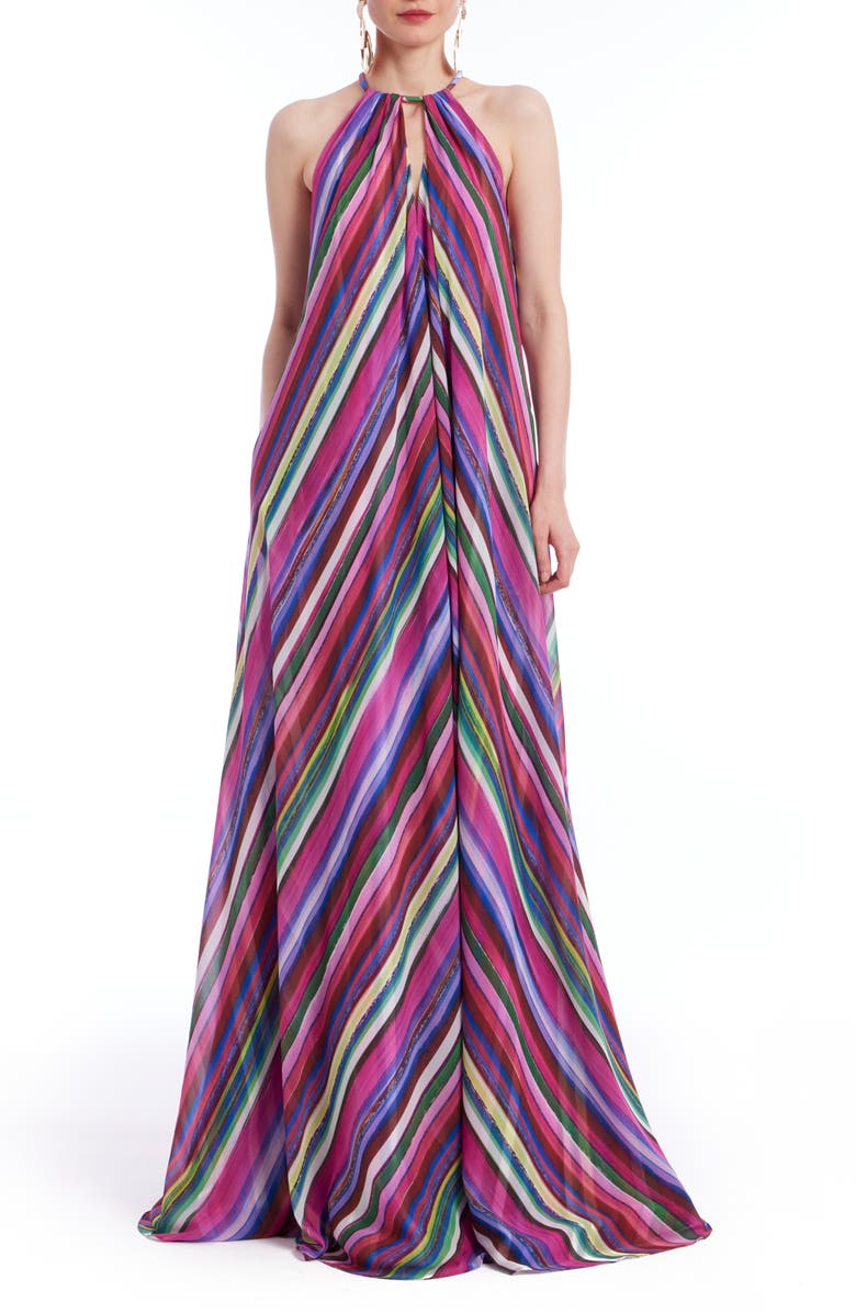 Badgley Mischka Collection Chevron Stripe Georgette Trapeze Gown, Main, color, Fuchsia Multi