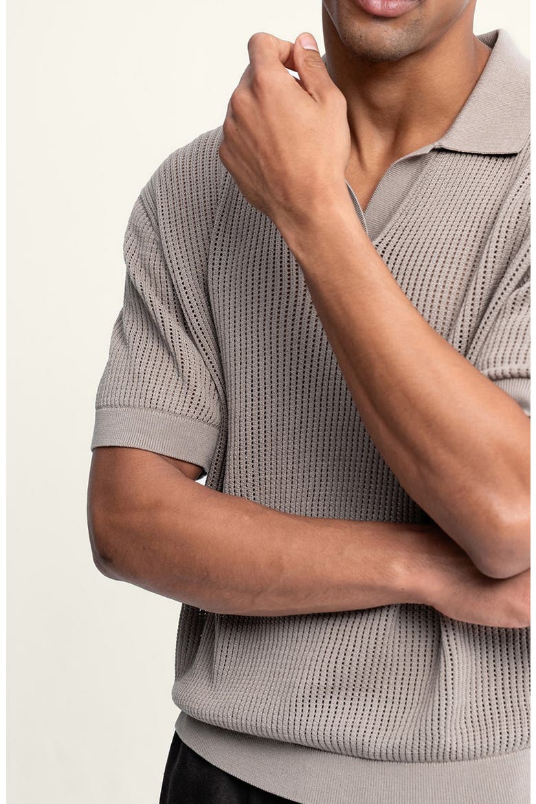 Johnny Collar Openwork Cotton Blend Polo Sweater, Alternate, color, PUMICE/ GRAY