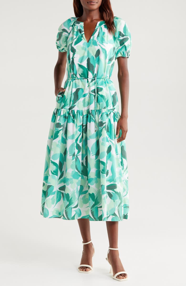 Julia Jordan Floral Tiered Midi Dress, Main, color, Green Multi