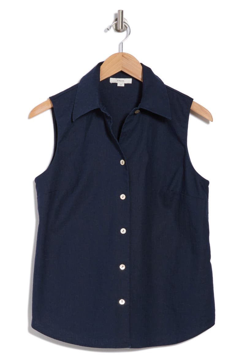 Sleeveless Cotton Blend Button-Up Shirt, Alternate, color, COASTAL