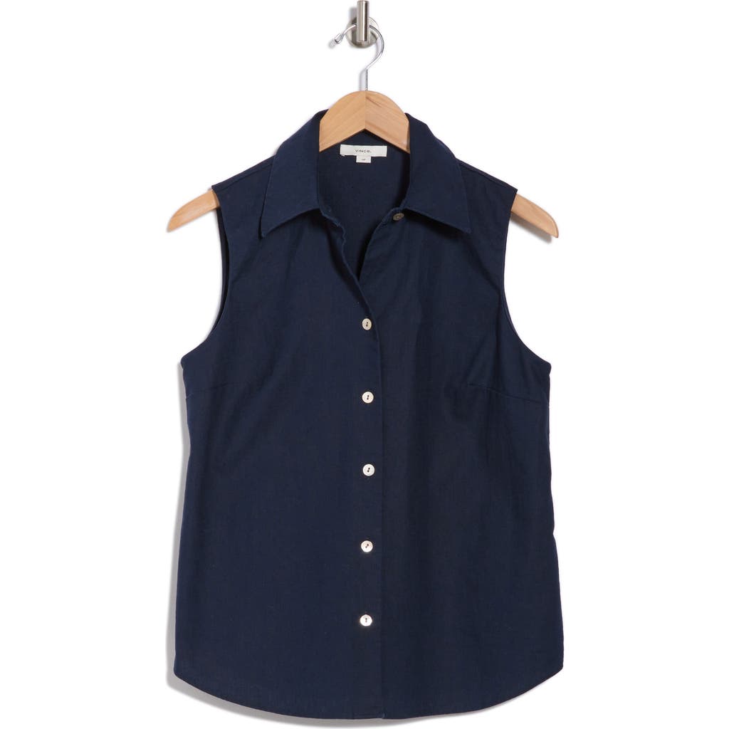Vince Sleeveless Cotton Blend Button-up Shirt In Coastal