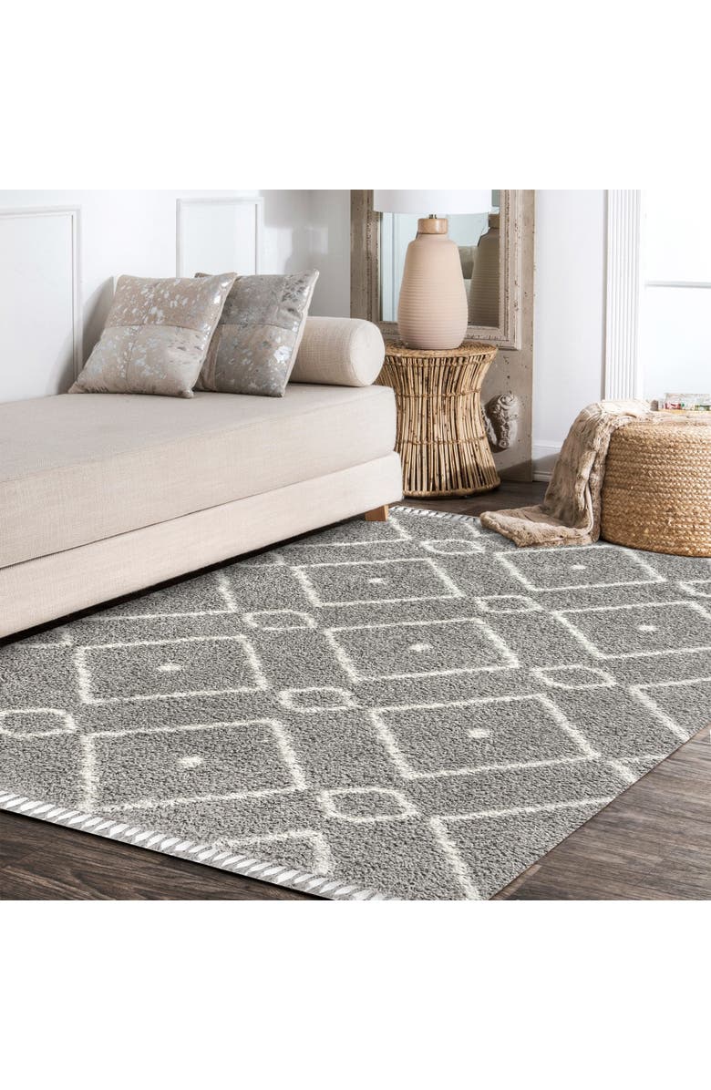 JONATHAN Y Mercer Shag Plush Tassel Moroccan Diamond Denim Area Rug, Alternate, color, Gray/Cream