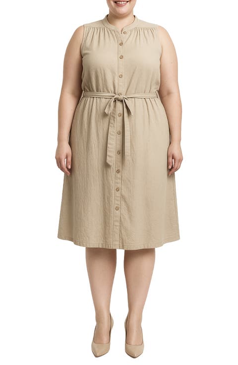 Belted Sleeveless Cotton Shirtdress (Plus)