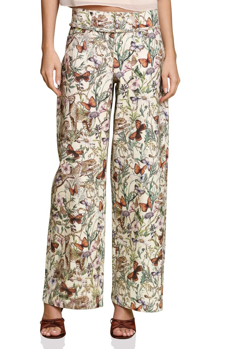 Avec Les Filles Belted Wide Leg Stretch Denim Pants, Main, color, Ecru Cheetah Scarf