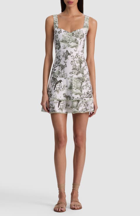 Mixed Print Sweetheart Neck Linen Blend Dress