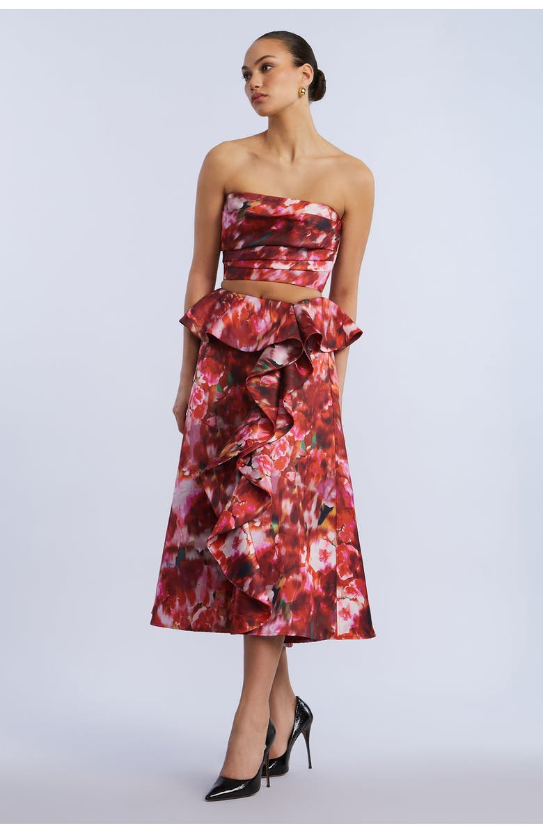 BCBGMAXAZRIA Printed Cascade Midi Skirt, Alternate, color, Washed Rose Chili Pepper Print