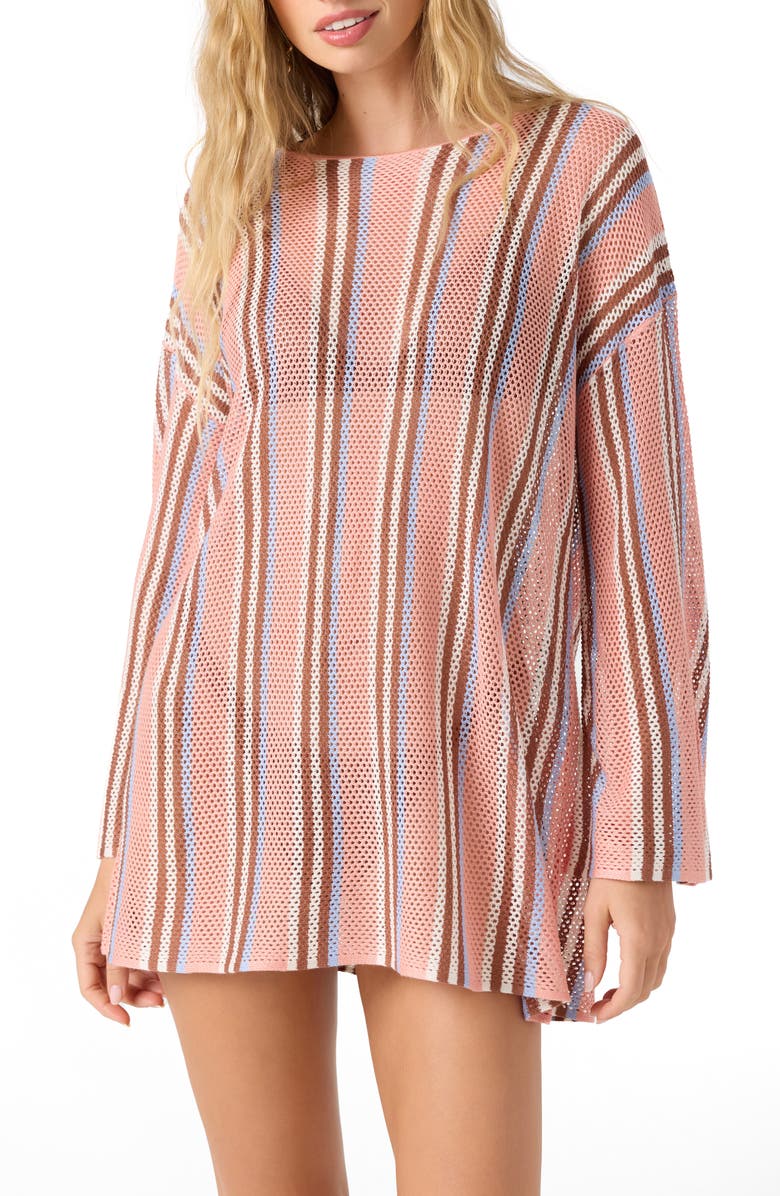 O'Neill Annie Beach Long Sleeve Open Knit Cover-Up Dress, Main, color, Coral Haze