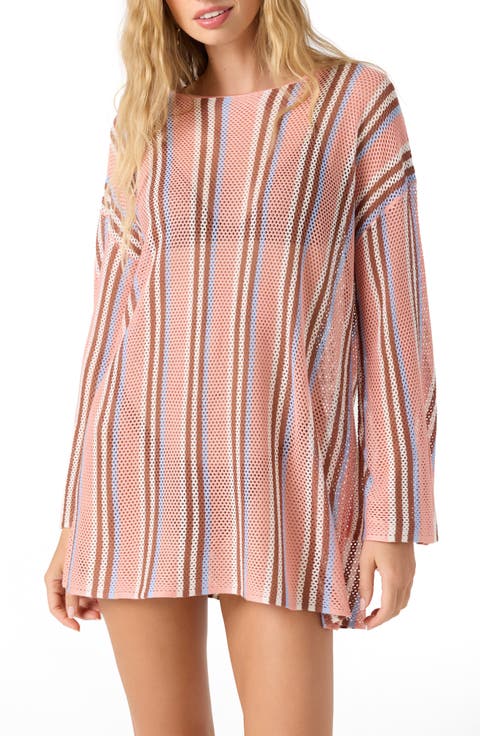 Annie Beach Long Sleeve Open Knit Cover-Up Dress