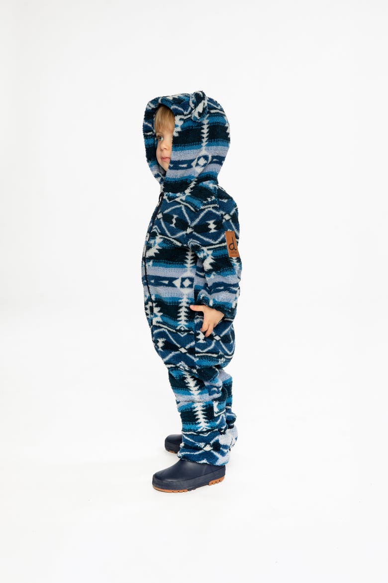 Mid-Season Plush Animal Ear Hood Asymmetrical Zip One-Piece Outerwear, Alternate, color, Aztec Blue