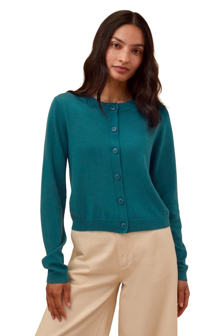 Fine Knit Merino Crew Neck Cardigan, Main, color, Teal