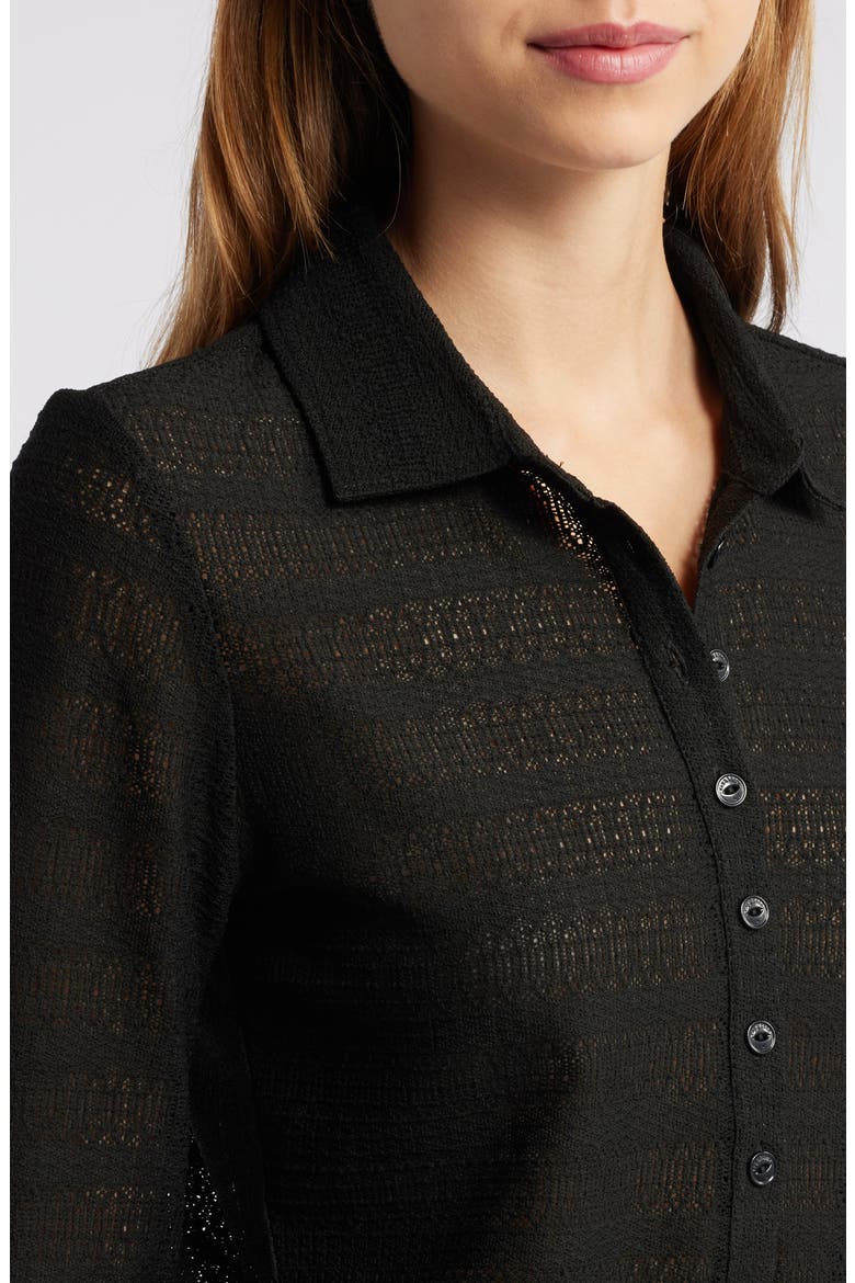 Julia Open Knit Long Sleeve Polo, Alternate, color, BLACK