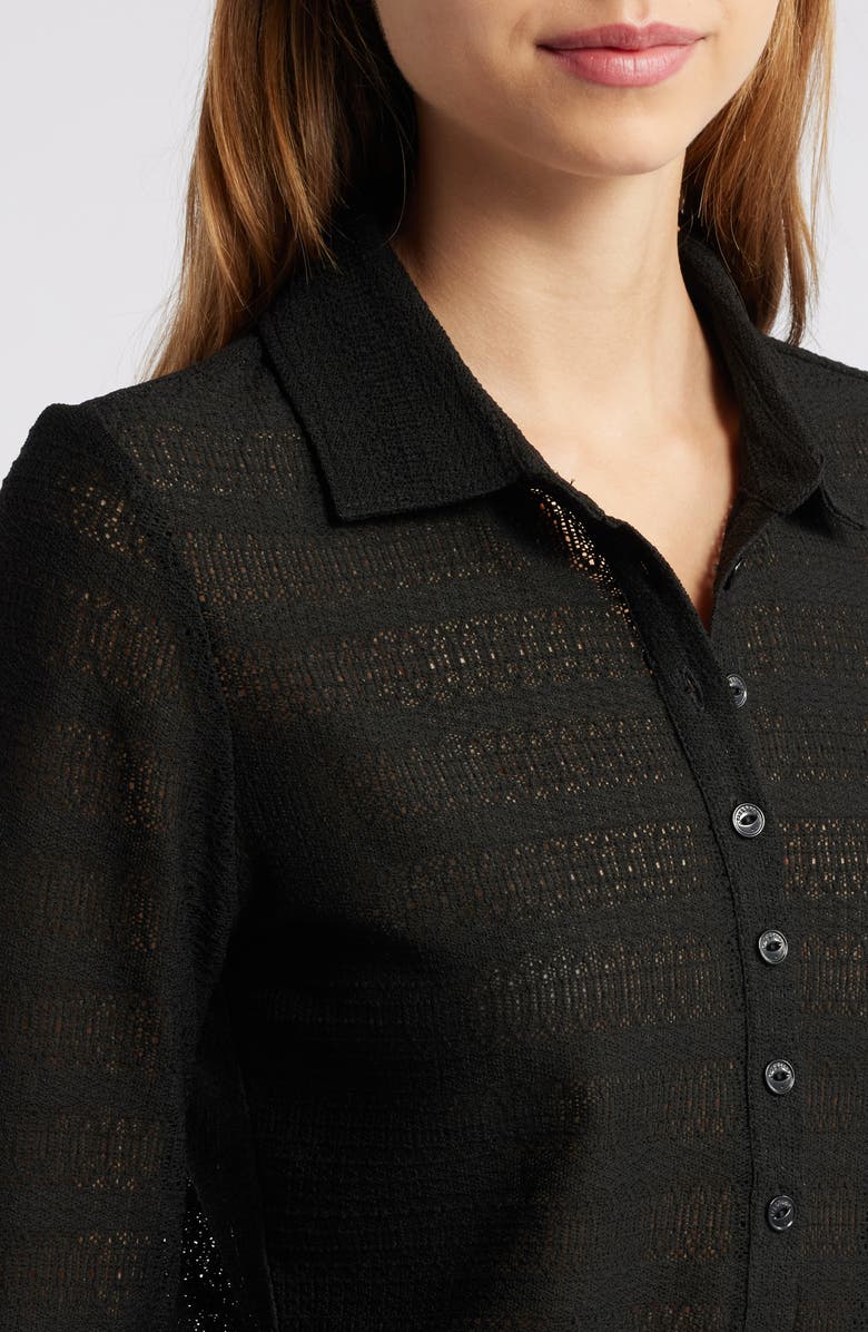 rag & bone Julia Open Knit Long Sleeve Polo, Alternate, color, Black