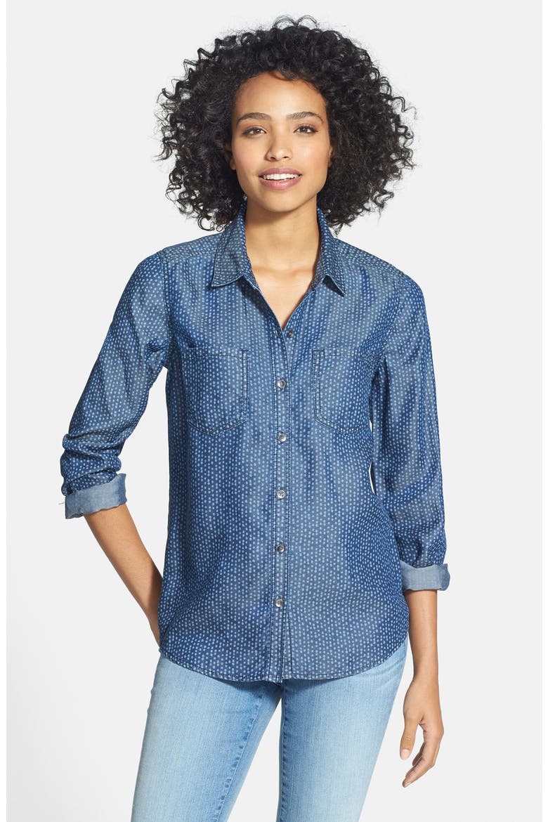 Long Sleeve Chambray Shirt, Main, color, DENIM- BLEACH DOTTY PRINT