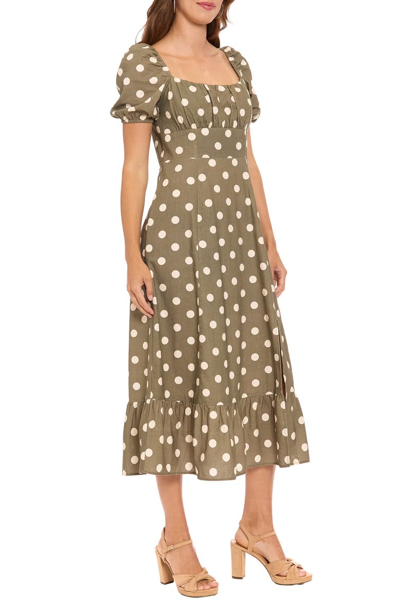 London Times Puff Sleeve Square Neck Empire Dress, Alternate, color, Capulet Olive/ Beige
