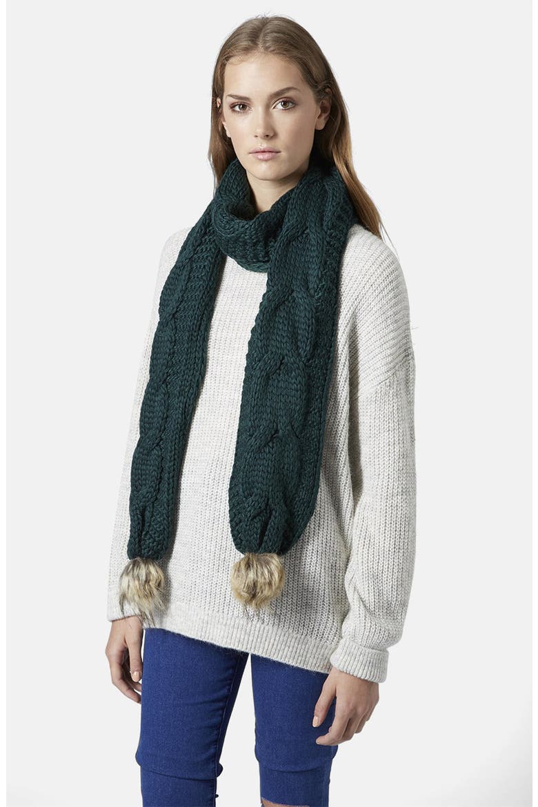 Cable Knit Scarf with Faux Fur Poms, Alternate, color, GREEN