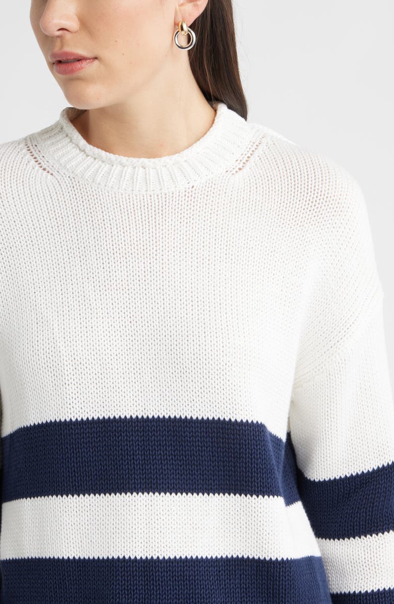 Caslon<sup>®</sup> Stripe Roll Neck Cotton Sweater, Alternate, color, White- Navy Placed Stripe