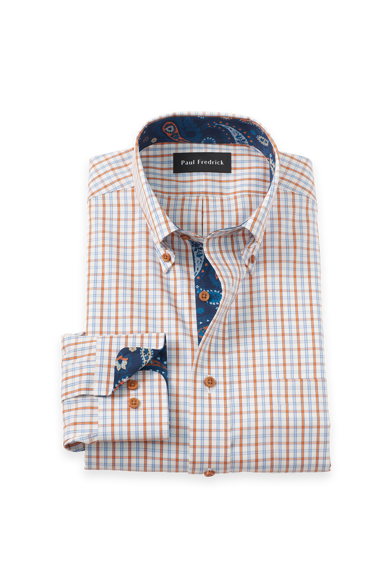 Cotton Buttondown Collar Pinpoint Slim Contrast Trim Button Cuff Long Sleeve Shirt, Main, color, BLUE/RUST
