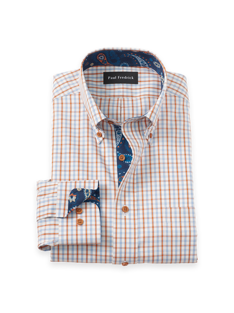 Cotton Buttondown Collar Pinpoint Slim Contrast Trim Button Cuff Long Sleeve Shirt