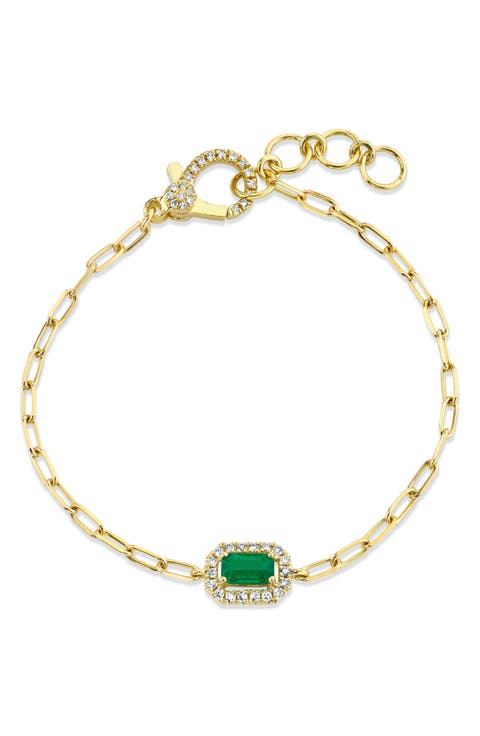 18K Gold Diamond Halo Emerald Bracelet