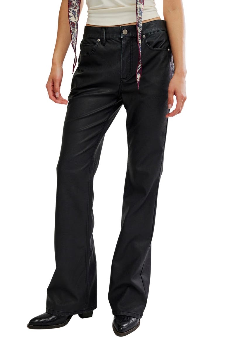 Double Knot High Waist Faux Leather Bootcut Jeans, Main, color, BLACK