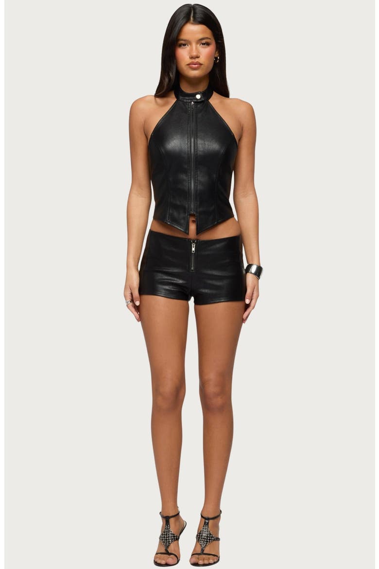 Diana Zip Faux Leather Halter Top, Alternate, color, BLACK