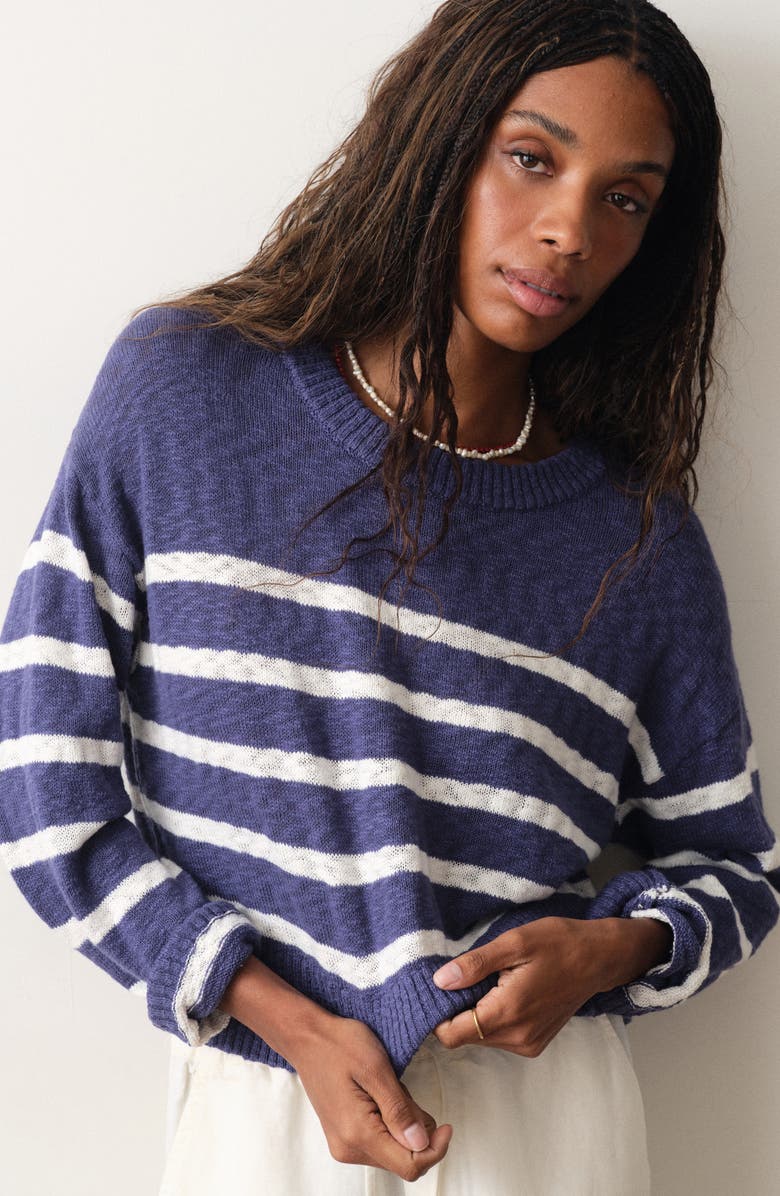 Marine Layer Sea Breeze Placed Stripe Cotton Crewneck Sweater, Alternate, color, Navy/ White Stripe