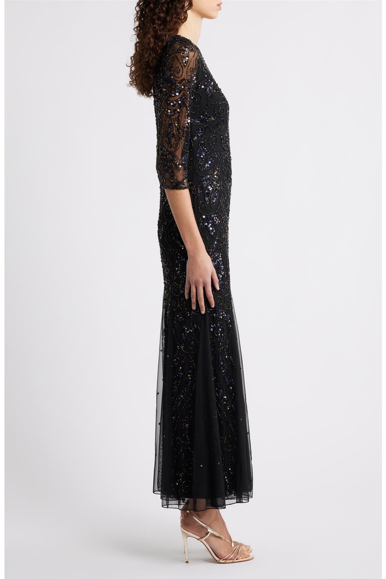 Illusion Sleeve Beaded A-Line Gown, Alternate, color, JET BLACK 004