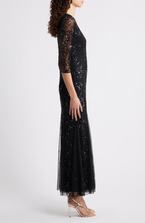 Pisarro Nights Illusion Sleeve Beaded A-line Gown In Black