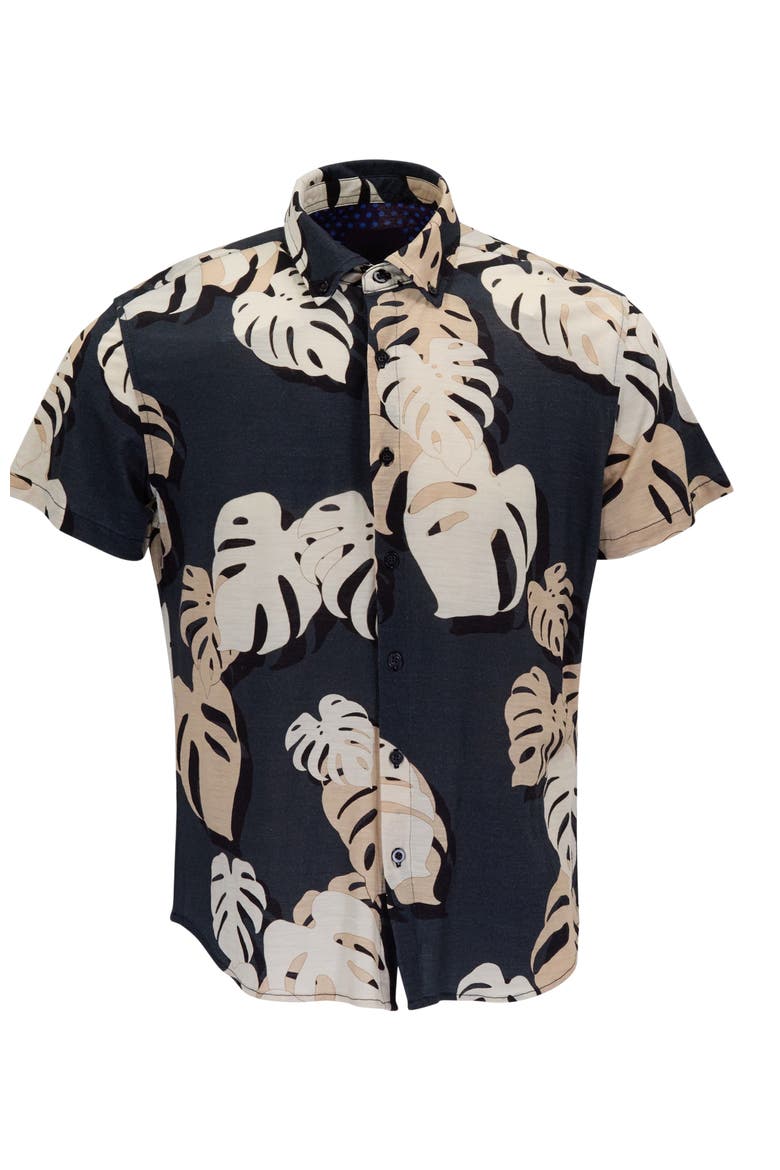 Monstera Floral Mens Merino Wool Button-up Shirt, Alternate, color, MONSTERA FLORAL SMOKE