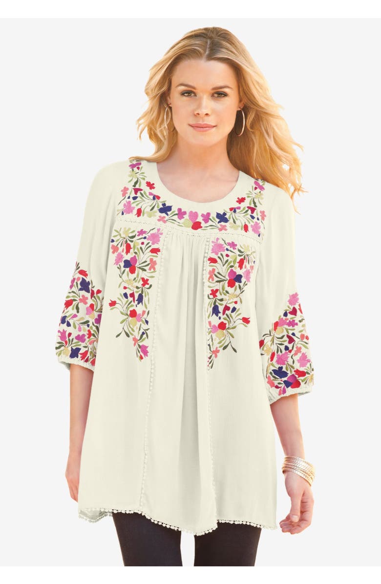 Roaman's Boho Floral Tunic, Alternate, color, Ivory Boho Floral