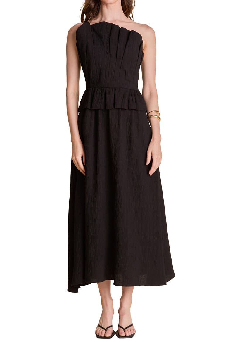 Pleated Ruffle Strapless Maxi Dress, Alternate, color, BLACK