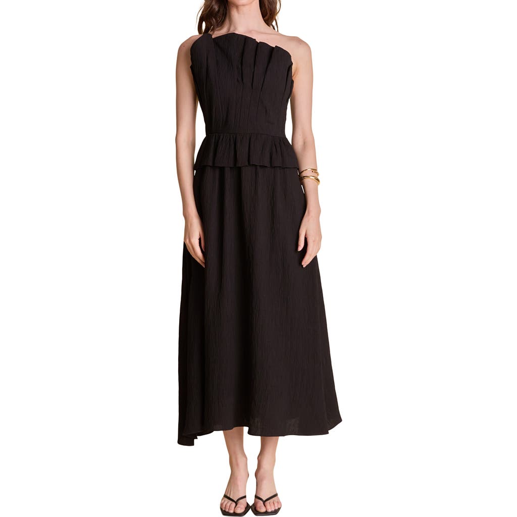ENGLISH FACTORY ENGLISH FACTORY PLEATED RUFFLE STRAPLESS MAXI DRESS