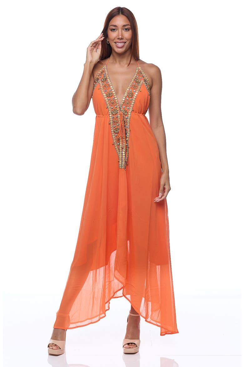 Embellished Halter Cover-Up Dress, Alternate, color, ORANGE