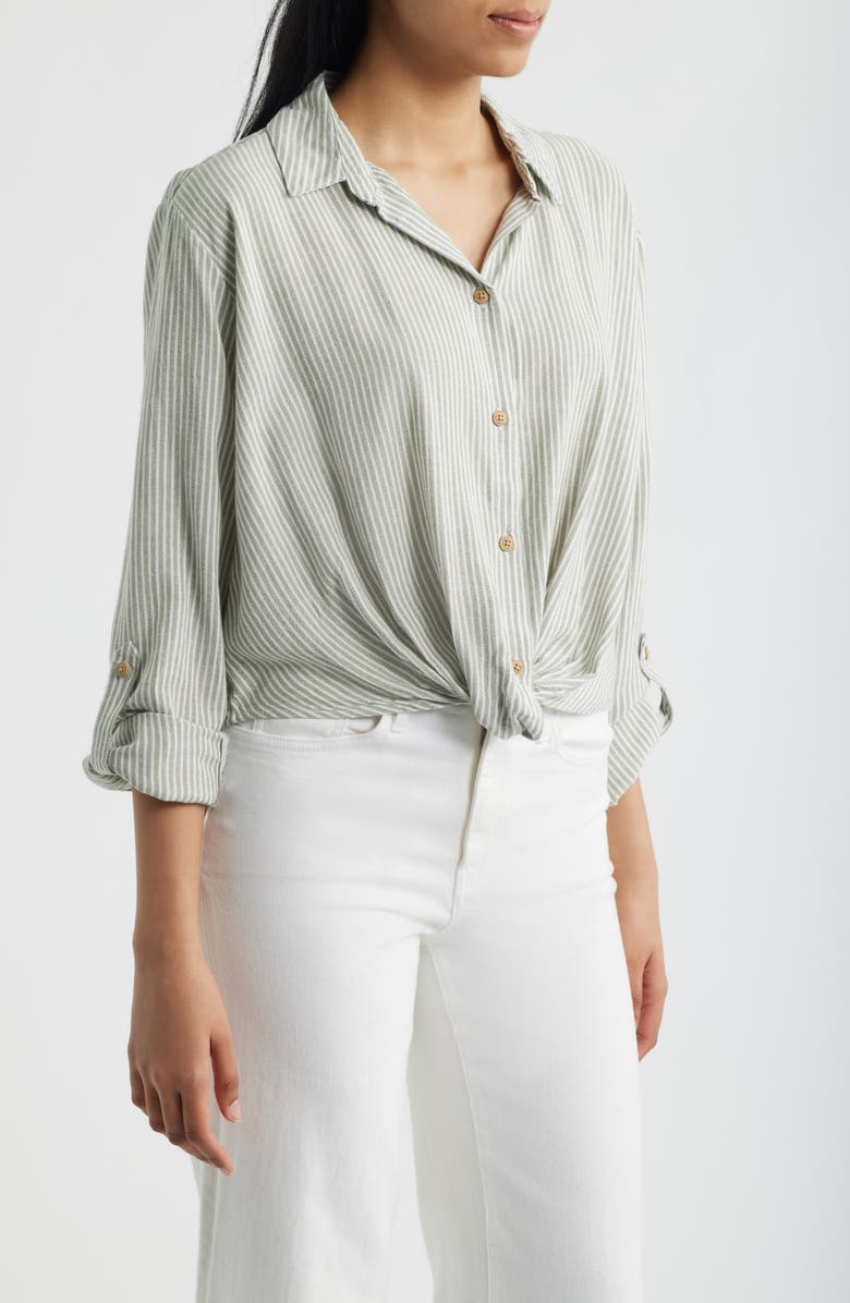 beachlunchlounge Vivica Stripe Twist Hem Button-Up Shirt, Alternate, color, New Moss