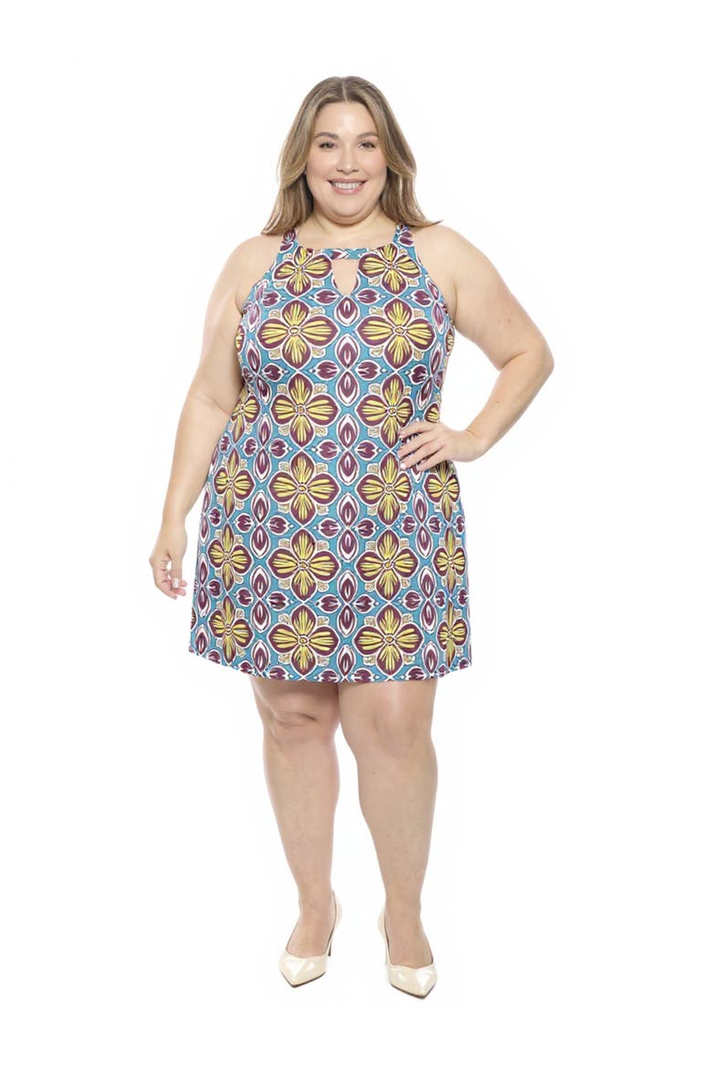 Plus Size Floral Knee Length Paisley Sleeveless Keyhole Dress, Main, color, Blue Multi