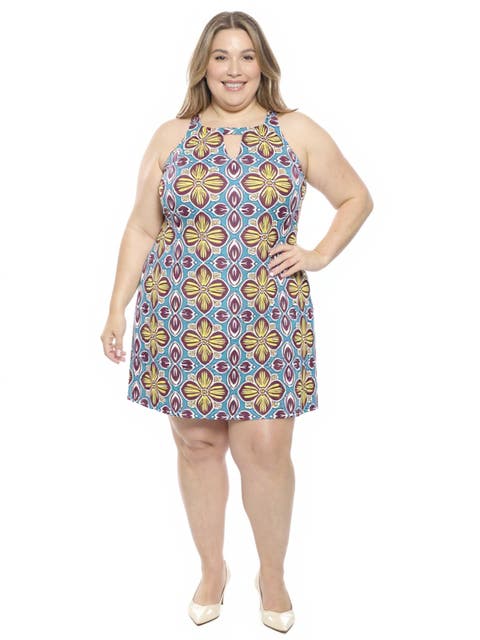 Plus Size Floral Knee Length Paisley Sleeveless Keyhole Dress