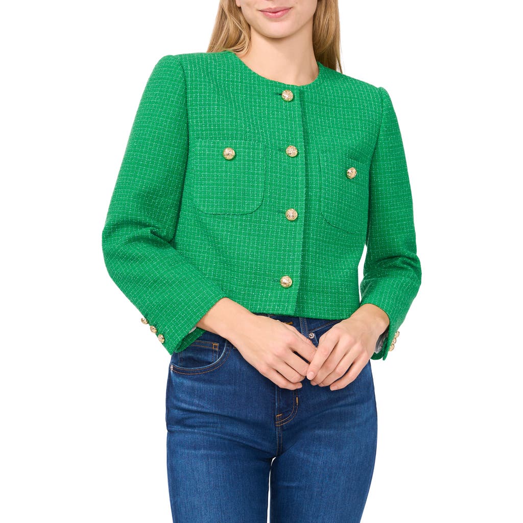 Shop Cece Collarless Tweed Jacket In Medium Green