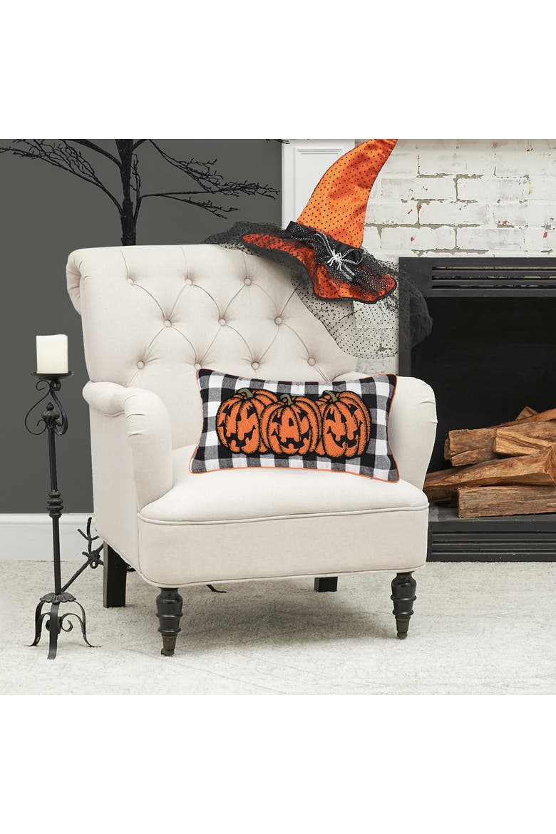 Jack-O-Lantern Pumpkin Check Tufted Bolster Halloween Accent Pillow, 12" x 24", Alternate, color, Orange