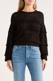 Bobeau Pointelle Fringe Open Knit Sweater
