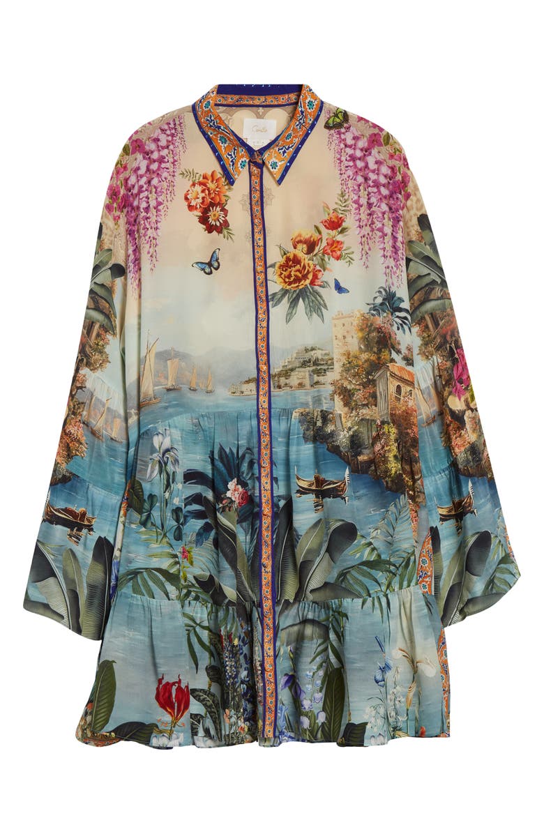 Camilla Bodrum Botanicals Print Long Sleeve Tiered Silk Shirtdress, Main, color, Bodrum Botanicals