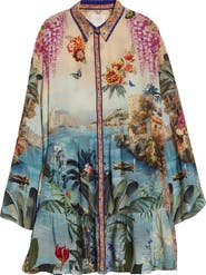 Camilla Bodrum Botanicals Print Long Sleeve Tiered Silk Shirtdress