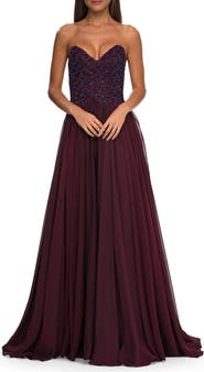 La Femme Chiffon Gown with High Slit and Strapless Lace Top